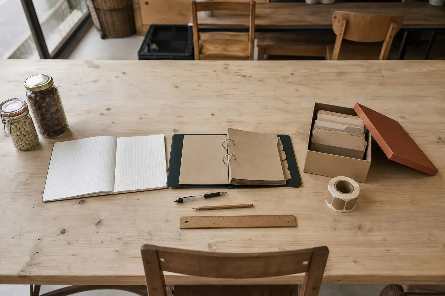Trois supports de tracabilite poses cote a cote sur une table de bois, cahier a colonnes, classeur de fiches et boite a fiches cartonnees