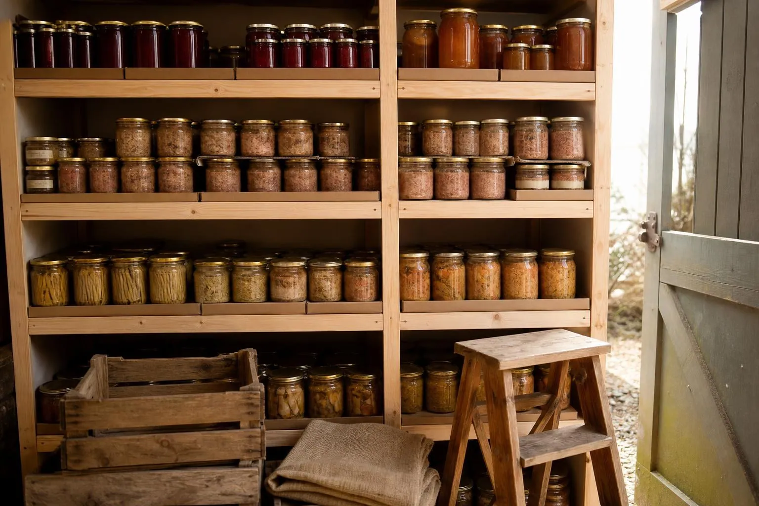 Etagere de bois chargee de bocaux de conserves et de confitures de saison dans la reserve d une ferme, cageots vides au sol