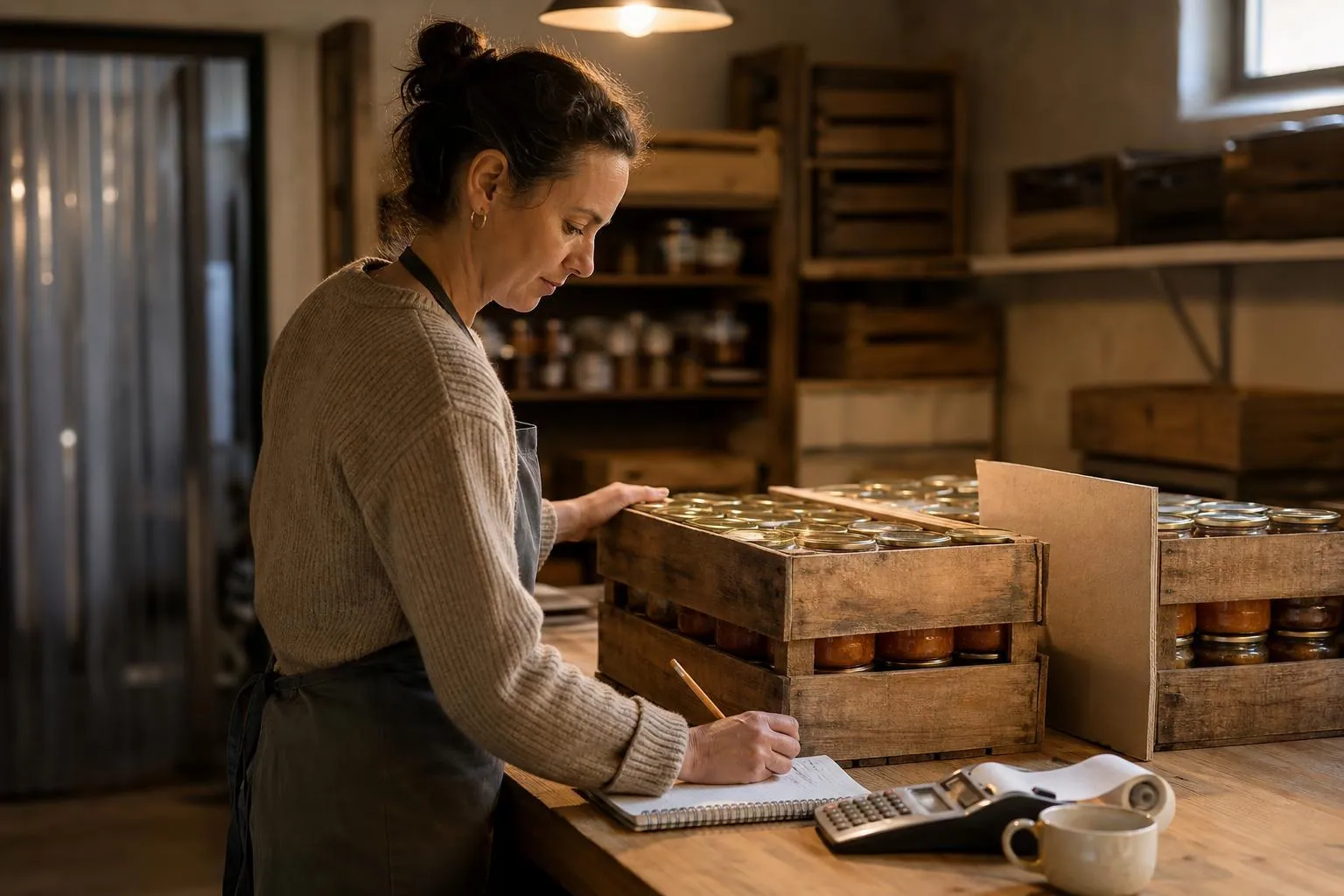 Caisses de bocaux mis a l ecart dans un magasin de producteurs, avec bloc notes et calculatrice a bande poses sur le comptoir