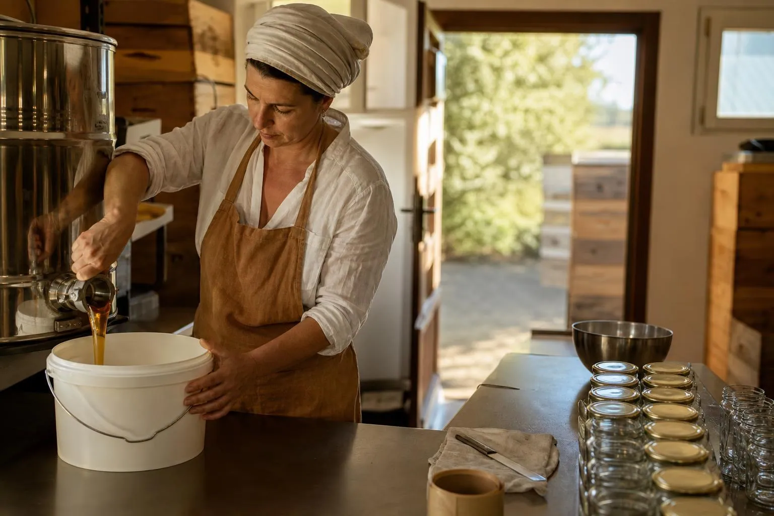 Apicultrice remplissant un seau de miel depuis un maturateur en inox dans une miellerie, pots vides alignes sur la table