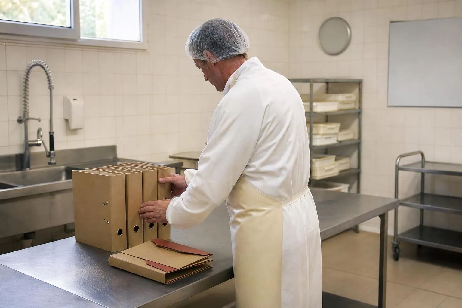Producteur alignant des classeurs a levier et des pochettes de fiches sur une table en inox dans une salle de transformation rangee