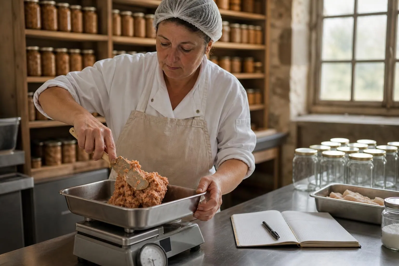 Productrice fermiere pesant des ingredients sur une balance de laboratoire a cote de bocaux de terrine et d un cahier a colonnes