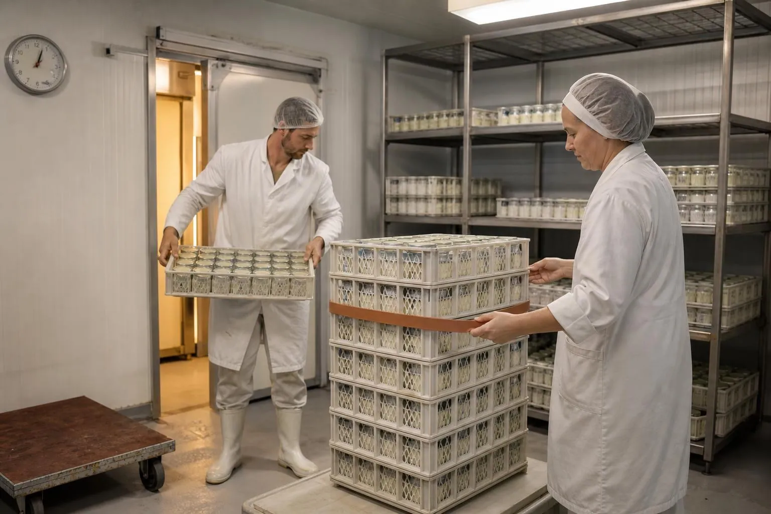 Deux producteurs isolant des caisses de pots de yaourt en verre dans la chambre froide d une ferme et posant un ruban de marquage