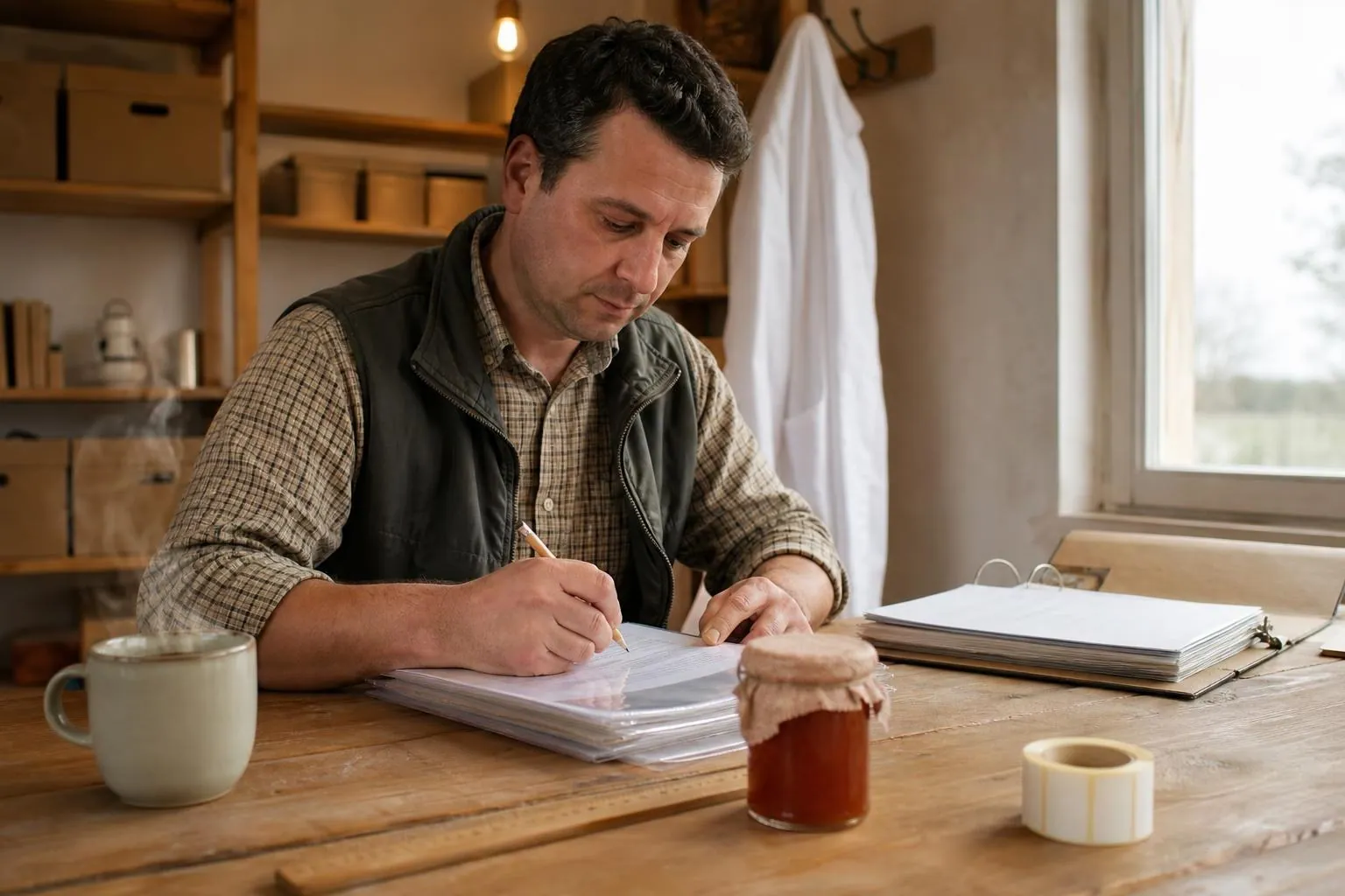 Fromager fermier annotant des feuillets de recettes sur une table de bois dans le bureau de la ferme au petit matin