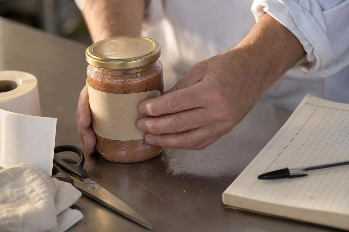 Gros plan de deux mains appliquant une contre etiquette de papier kraft sur un bocal de terrine, a cote d un rouleau d etiquettes vierges et d un cahier quadrille