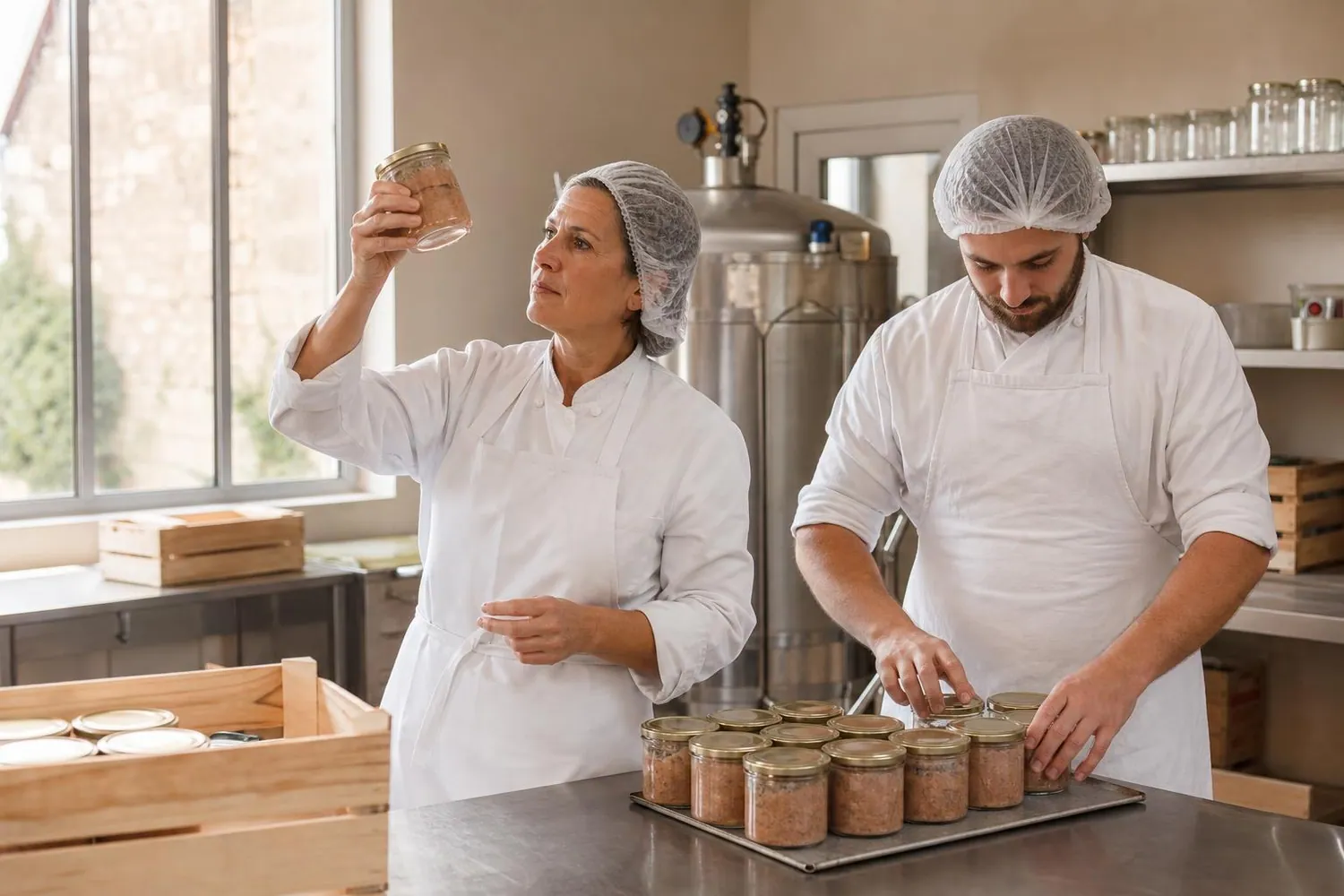 Deux producteurs fermiers en tenue de laboratoire blanche verifient une rangee de bocaux de terrine encore chauds sur un plan de travail en inox