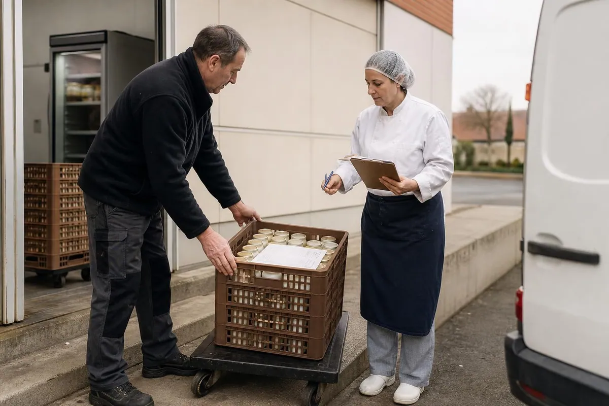 Un producteur pose une caisse de pots de yaourt fermiers sur un chariot devant la porte de livraison, pendant qu une cuisiniere de restaurant scolaire note la quantite recue sur son porte bloc